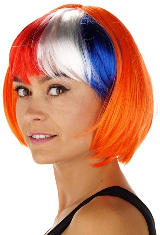 Oranje pruik, bob met pony, oranje en rood-wit-blauw