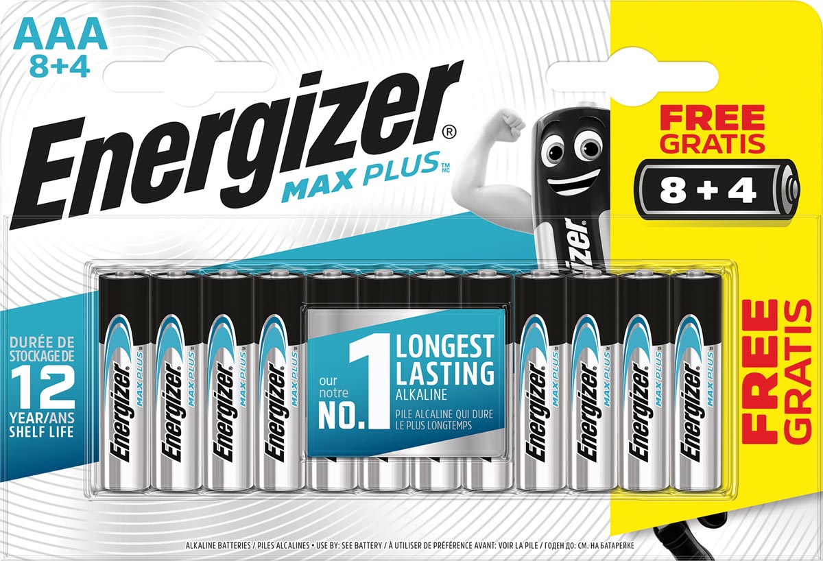 Energizer batterijen Max Plus AAA, blister van 8 + 4 stuks