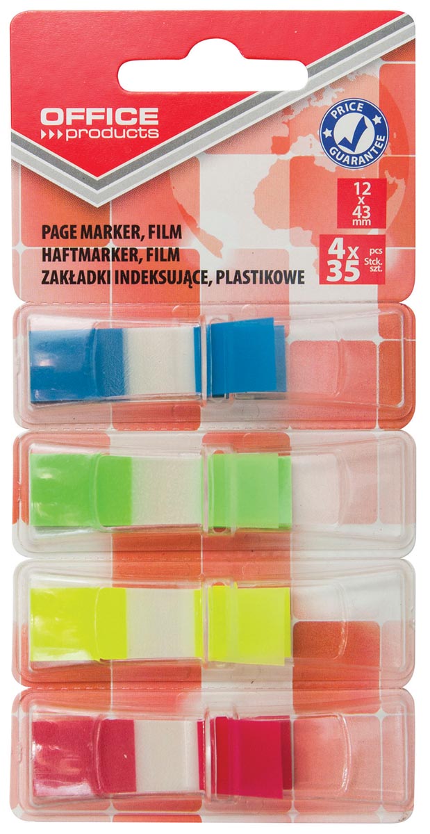 OFFICE products index, 12 x 43 mm, geassorteerde kleuren, blister van 4 x 35 tabs