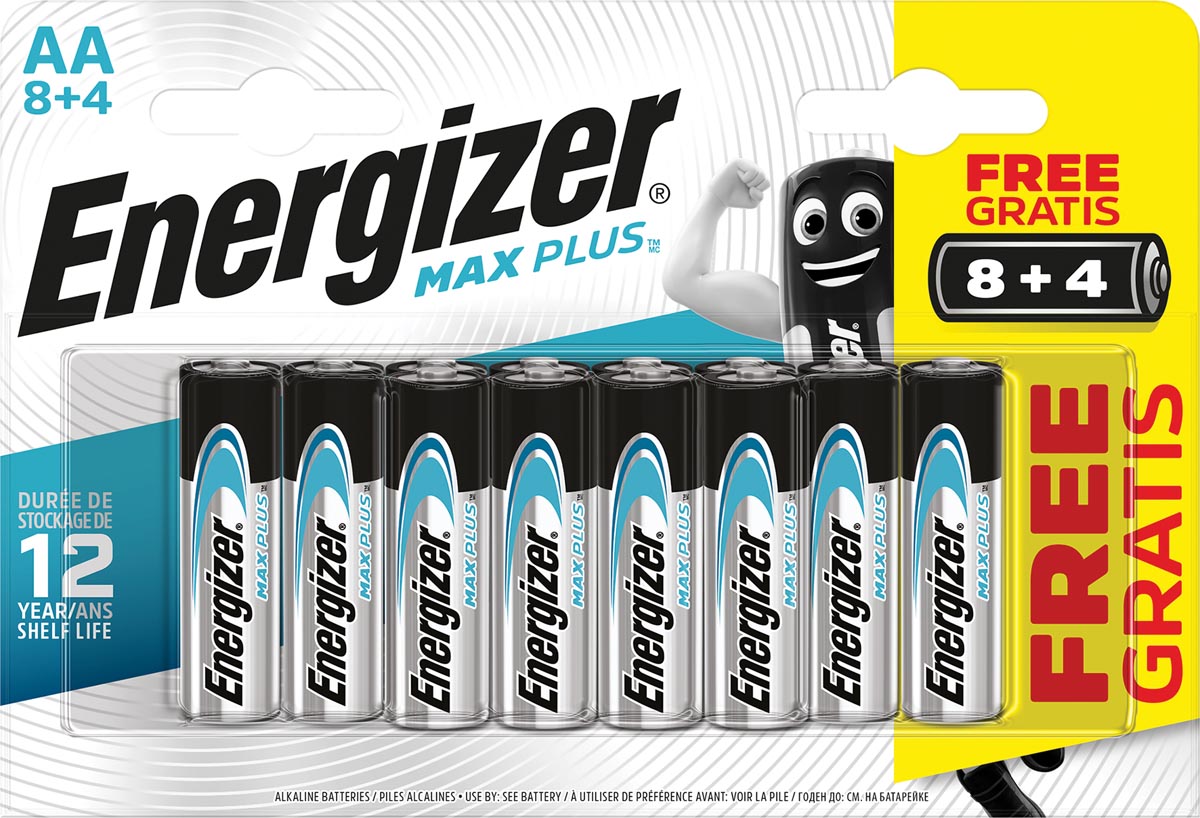Energizer batterijen Max Plus AA, blister van 8 + 4 stuks