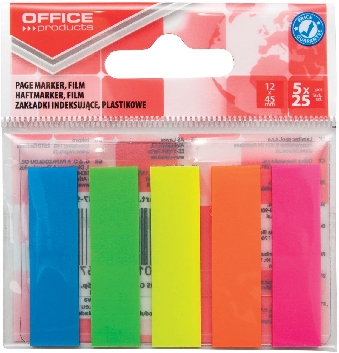 OFFICE products index, 12 x 45 mm, ophangzakje van 5 x 25 tabs, geassorteerde kleuren