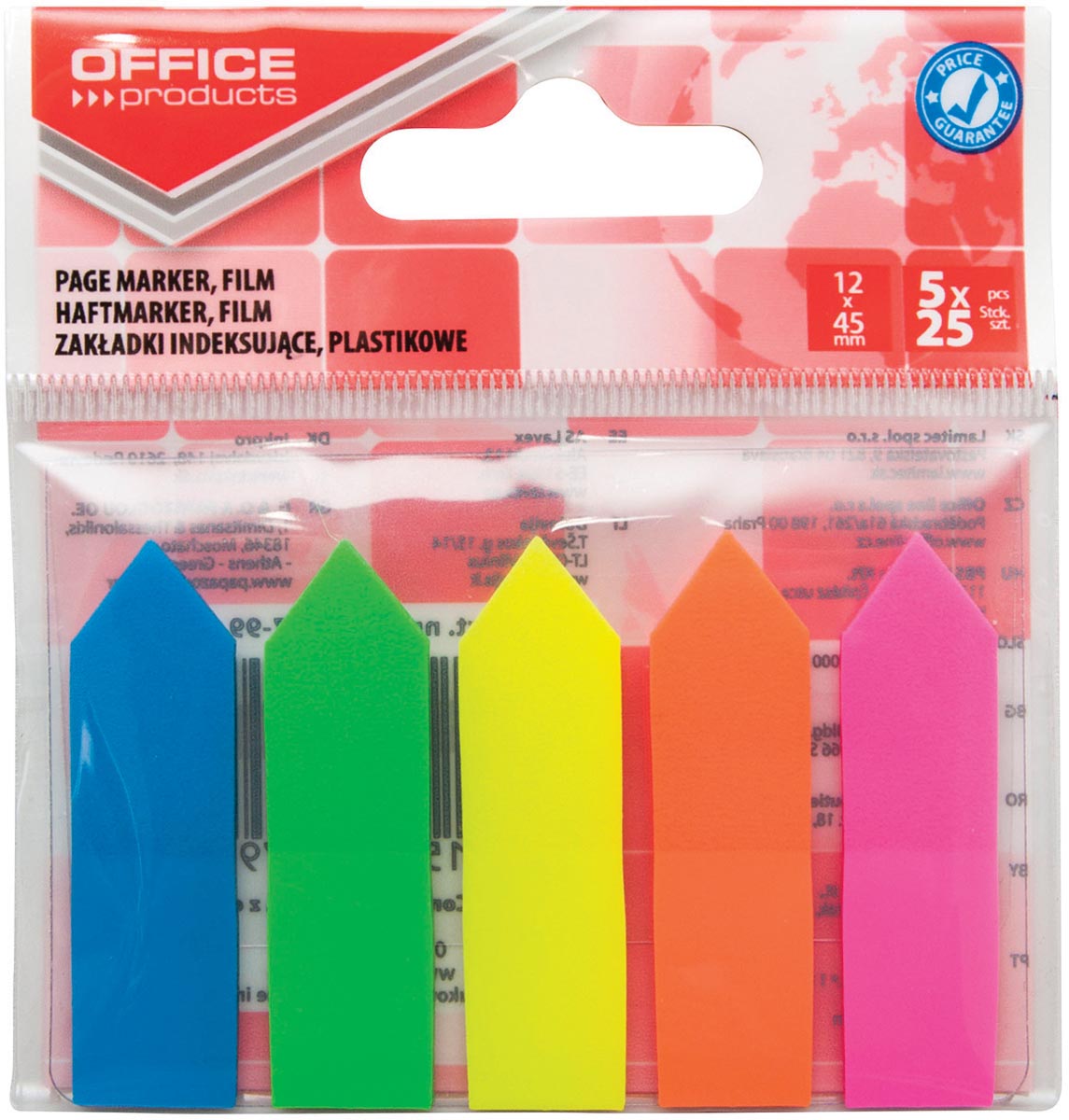 OFFICE products index pijltjes, 12 x 45 mm, ophangzakje van 5 x 25 tabs, geassorteerde kleuren