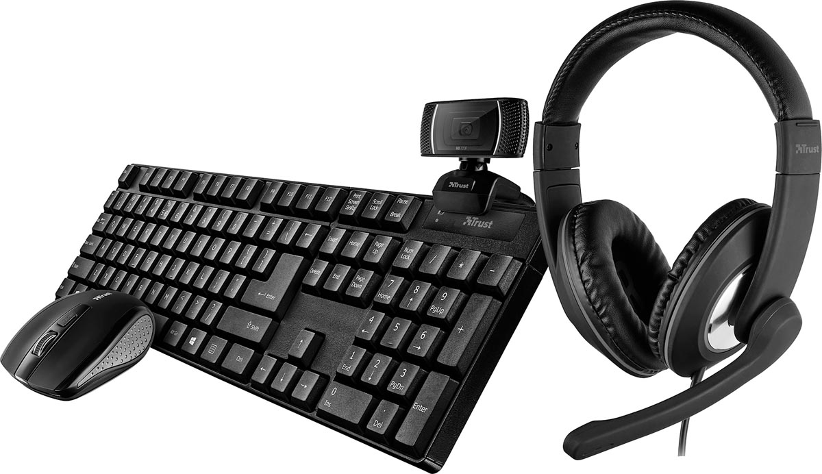 Trust Qoby 4-in-1 Home Office Set met Webcam, headset, toetsenbord (qwerty) en muis