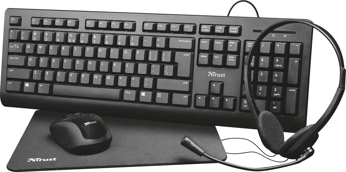 Trust Primo 4-in-1 Home Office Set met headset, toetsenbord (qwerty), muis en muismat afbeelding