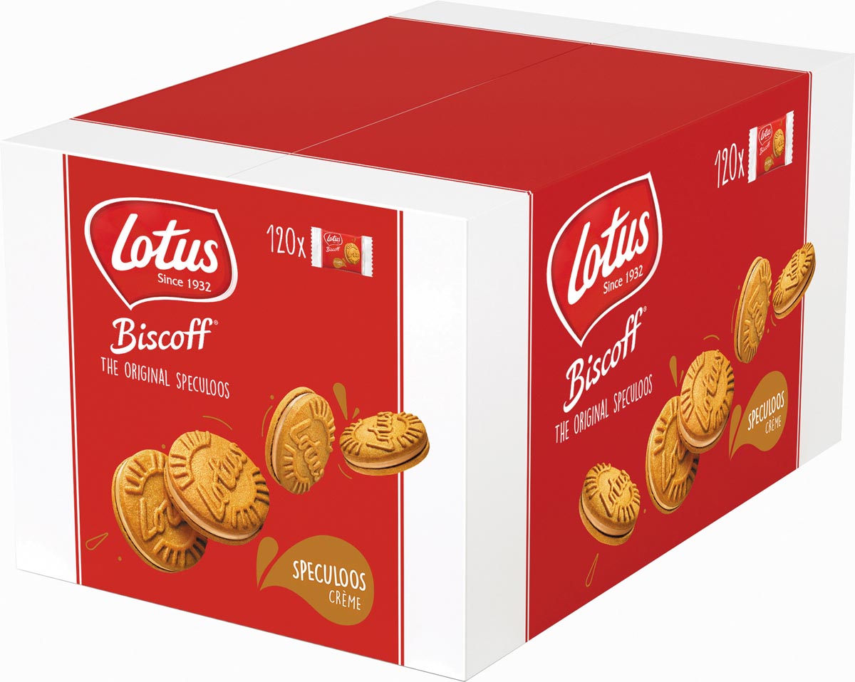 Lotus Biscoff gevulde speculoos, doos van 120 stuks met 1 koekje, 10 g, speculooscrème Lotus Biscoff gevulde speculoos, doos van 120 stuks met 1 koekje, 10 g, speculooscrème