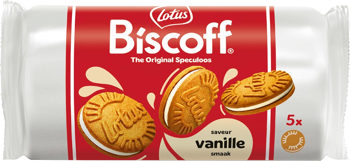 Lotus Biscoff gevulde speculoos, display van 16 stuks met 5 koekjes, 50 g, vanille afbeelding