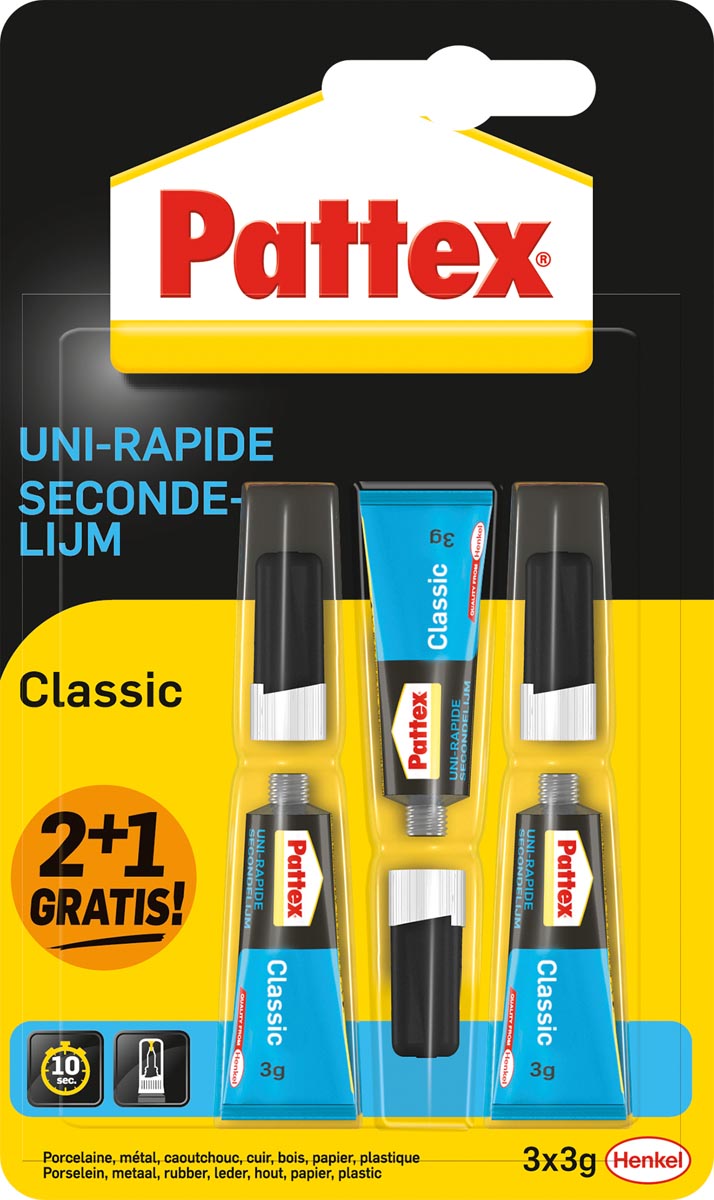 Pattex Classic secondelijm, 3 g, 2 + 1 gratis, op blister Pattex Classic secondelijm, 3 g, 2 + 1 gratis, op blister