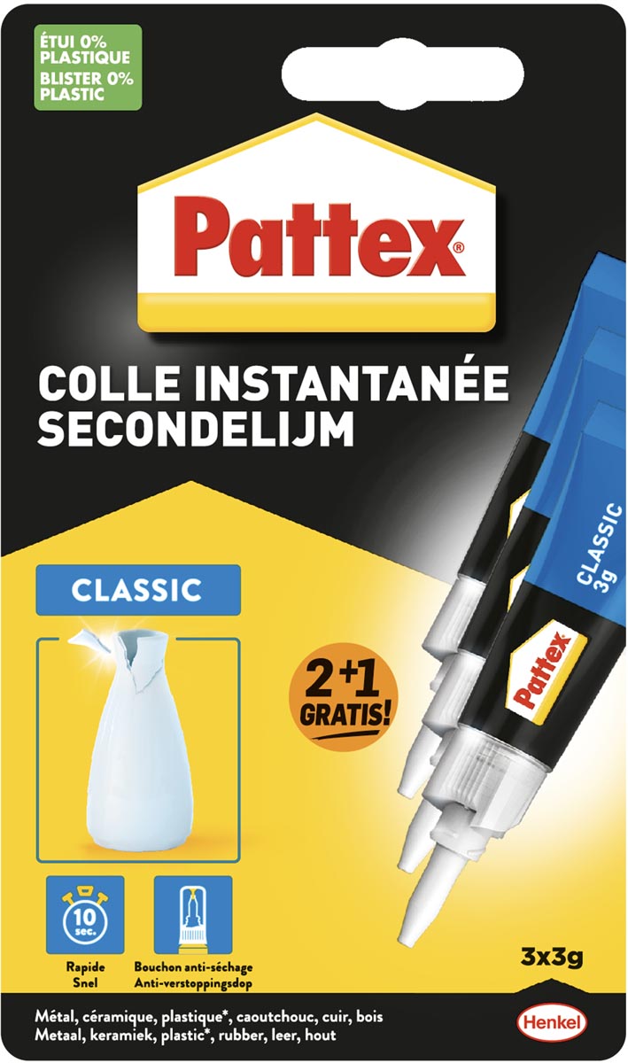 Pattex Classic secondelijm, 3 g, 2 + 1 gratis, op blister afbeelding