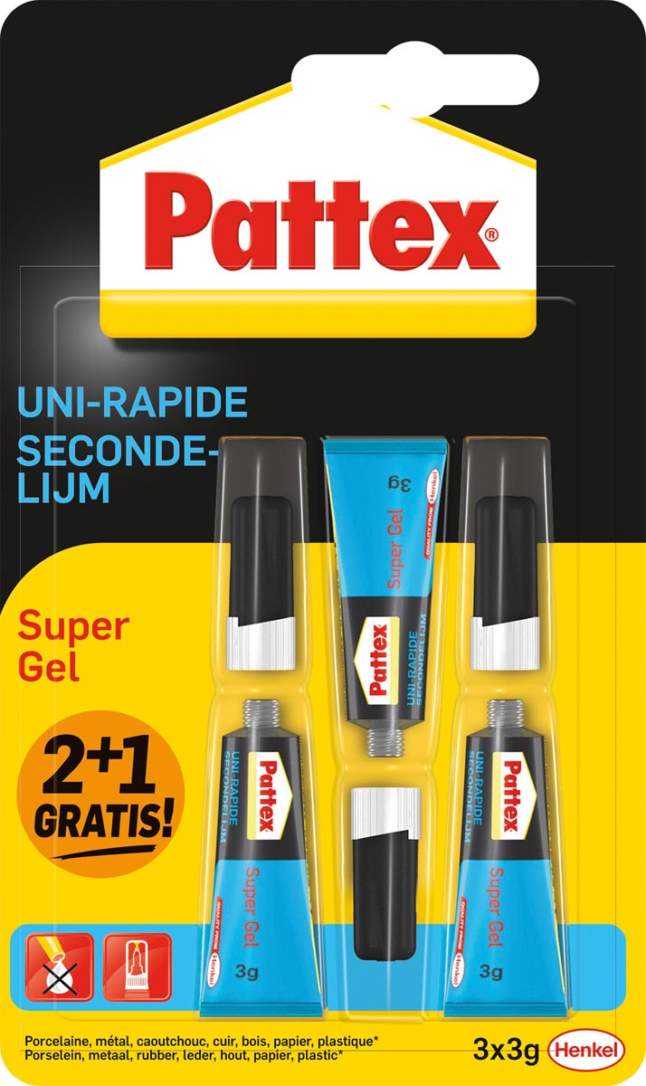 Pattex Super Gel secondelijm, 3 g, 2 + 1 gratis, op blister afbeelding