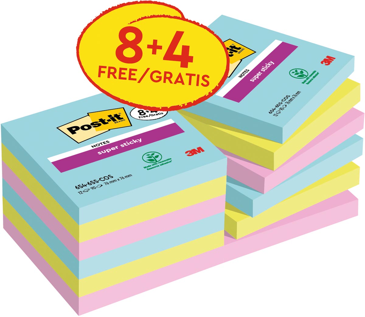 Post-it Super Sticky notes Cosmic, 90 vel, ft 76 x 76 mm, 8 + 4 GRATIS afbeelding