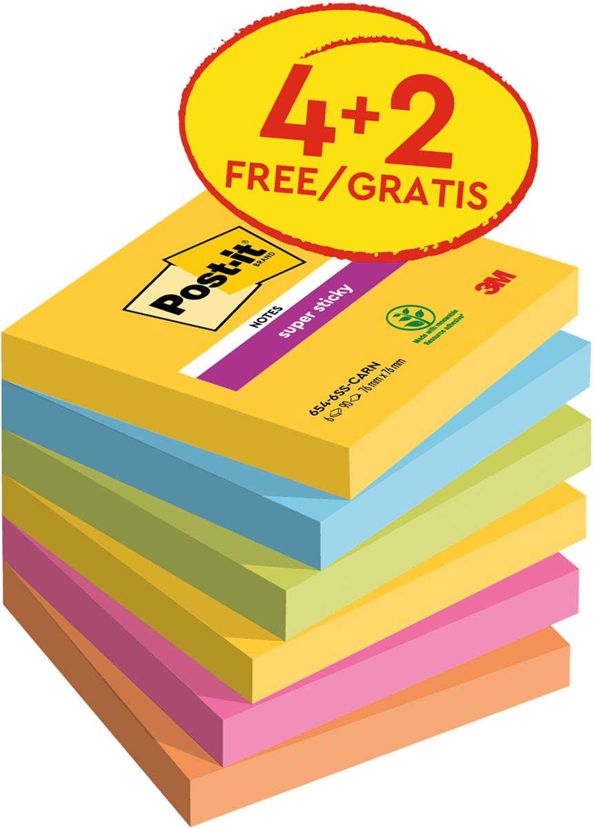 Post-it Super Sticky notes Carnival, 90 vel, ft 76 x 76 mm, 4 + 2 GRATIS afbeelding