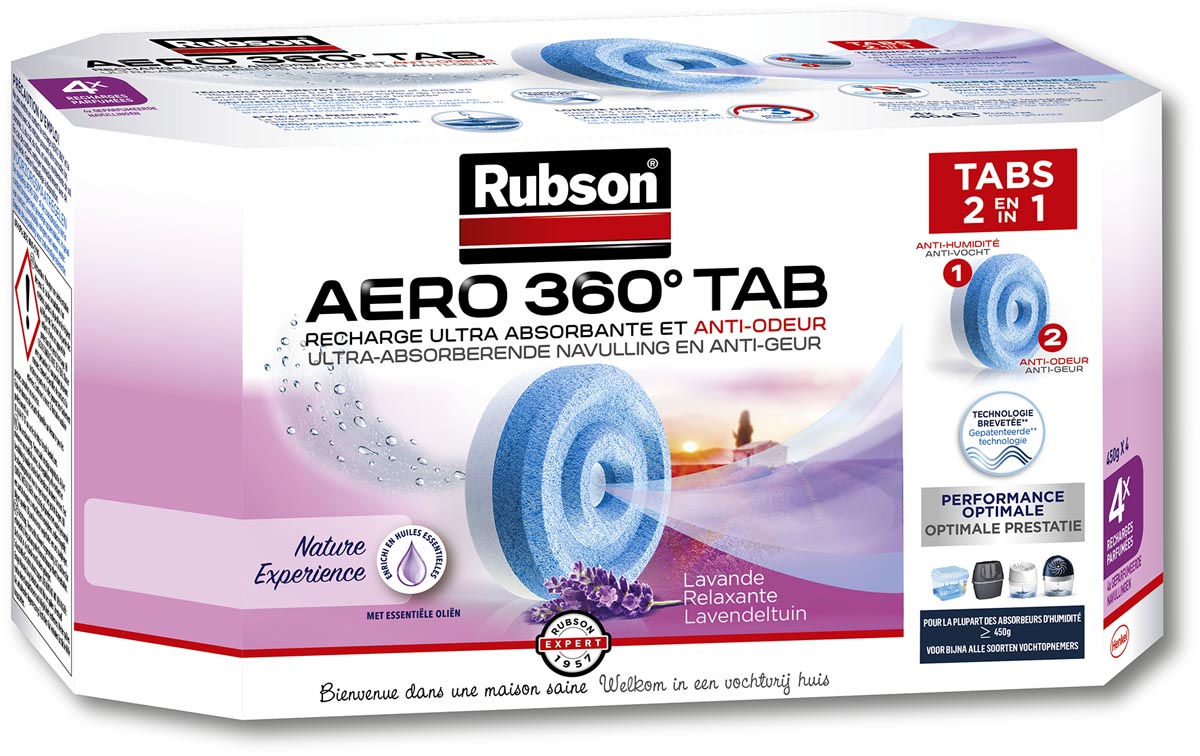 Rubson navulling voor ontvochtiger AERO 360, doos van 4 tabs van 450 gram, lavendel afbeelding