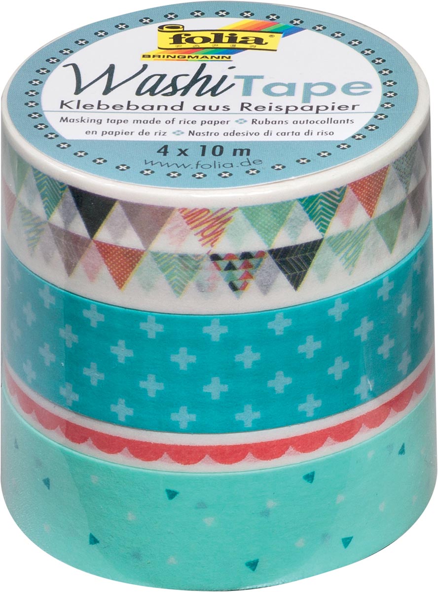 Folia washi tape pastel, pak met 4 stuks in geassorteerde kleuren