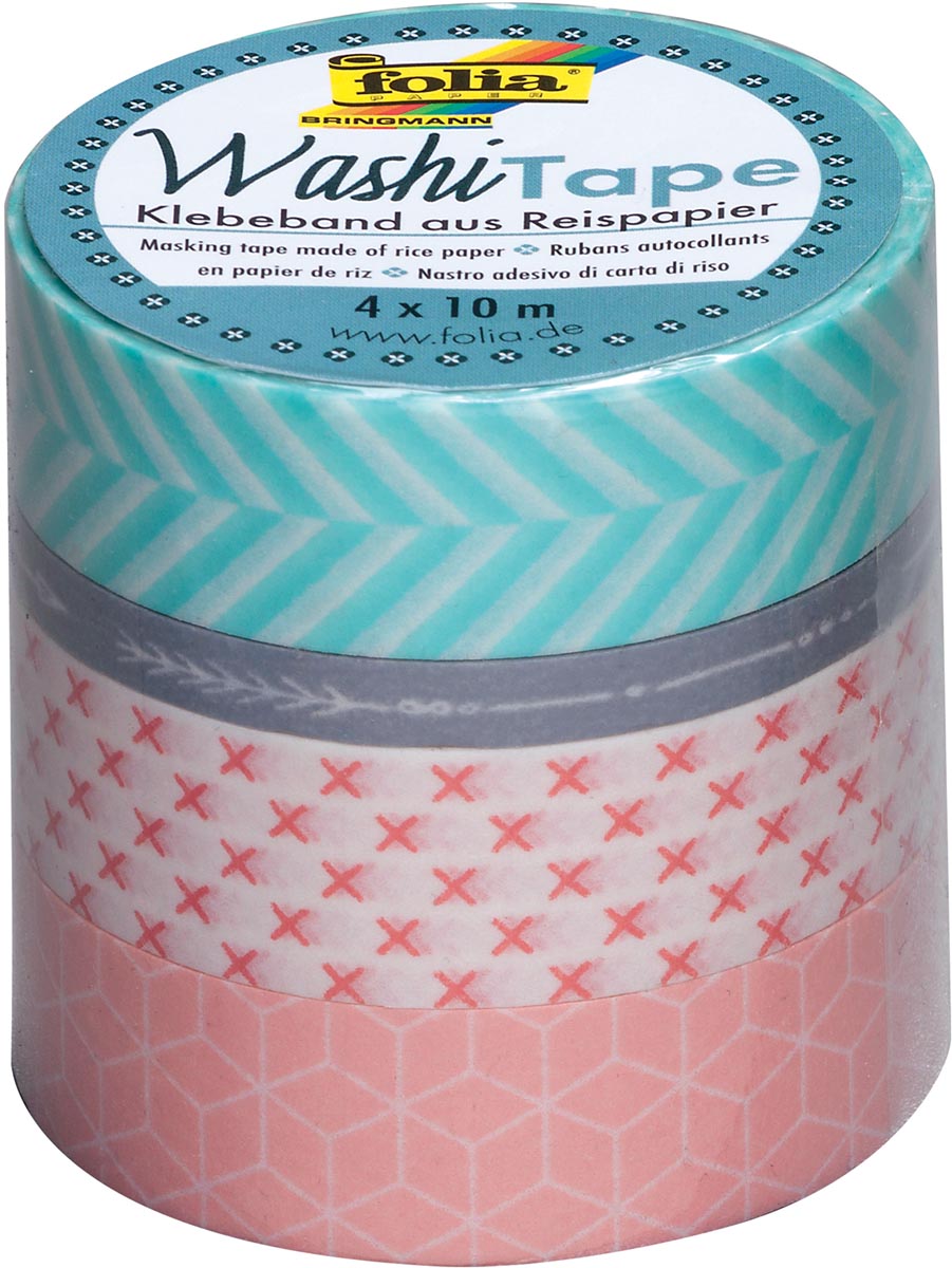 Folia washi tape geometrie, pak met 4 stuks in geassorteerde kleuren