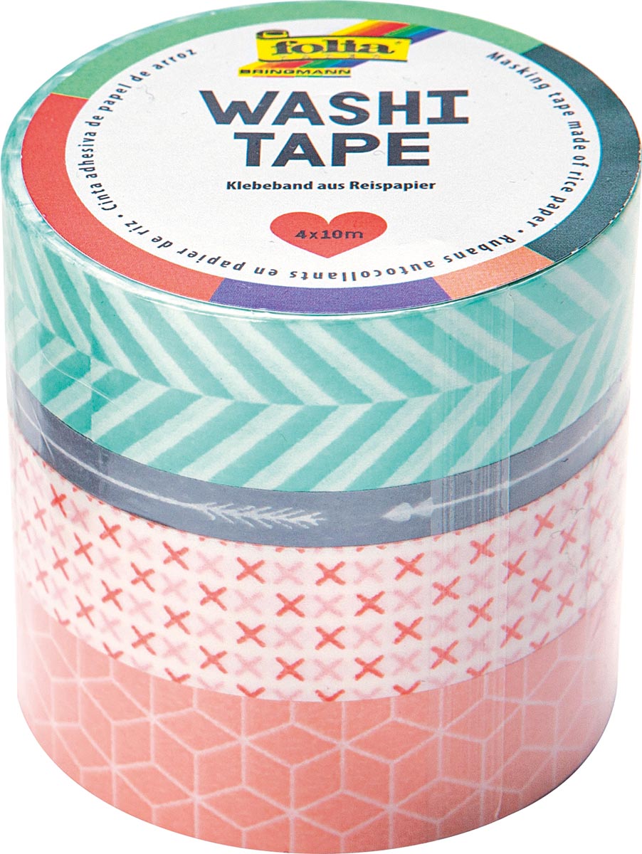 Folia washi tape geometrie, pak met 4 stuks in geassorteerde kleuren