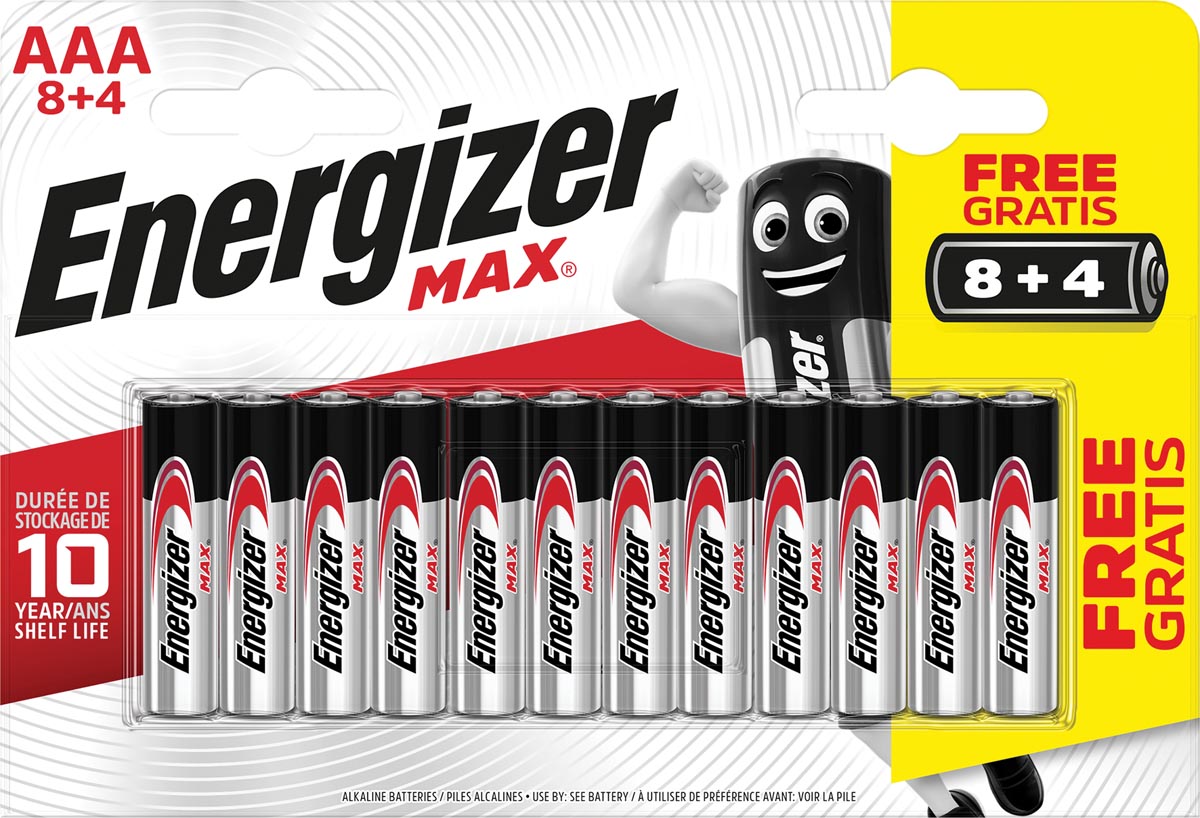 Energizer batterijen Max AAA, blister van 8 stuks + 4 stuks gratis