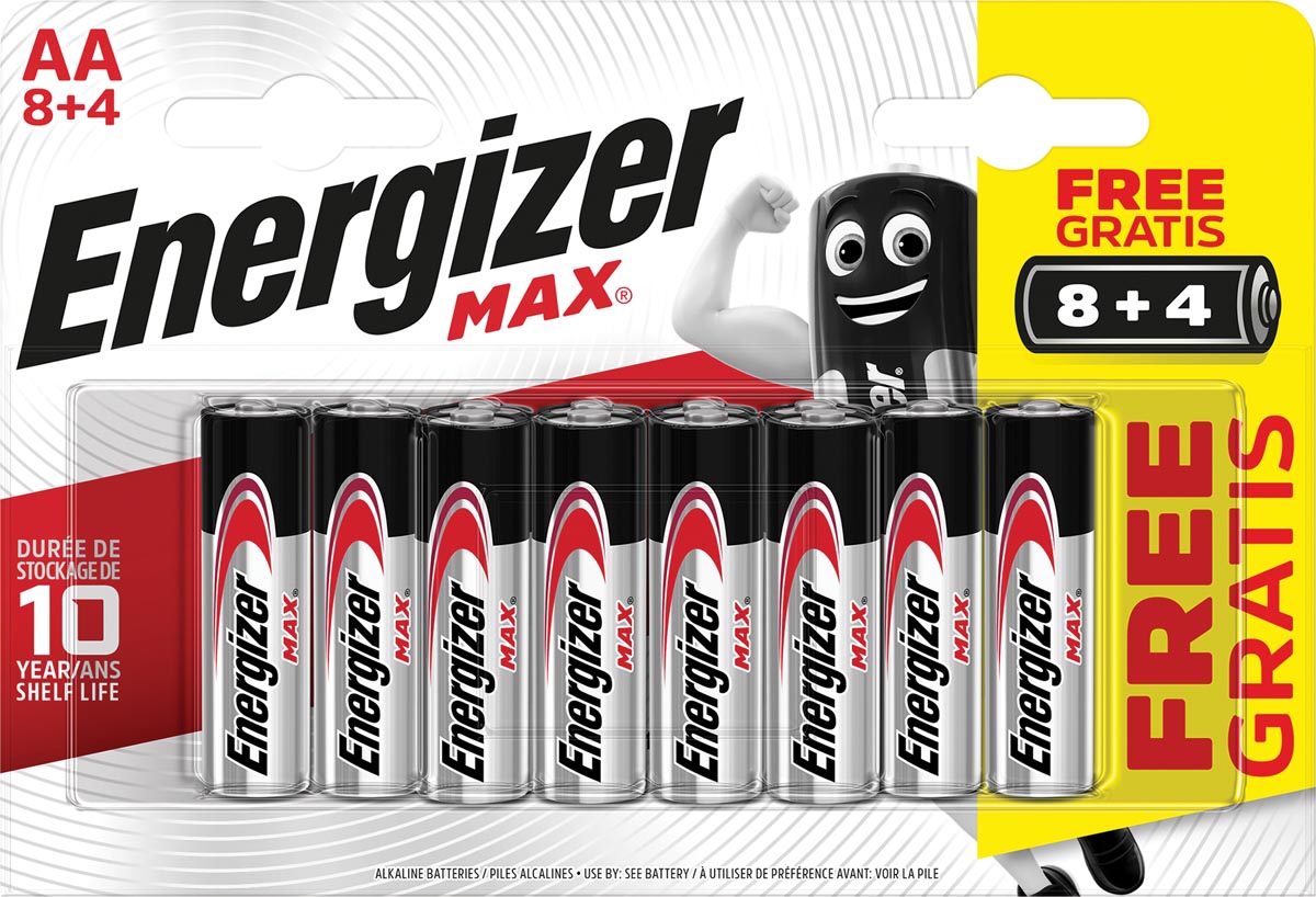Energizer batterijen Max AA, blister van 8 stuks + 4 stuks gratis