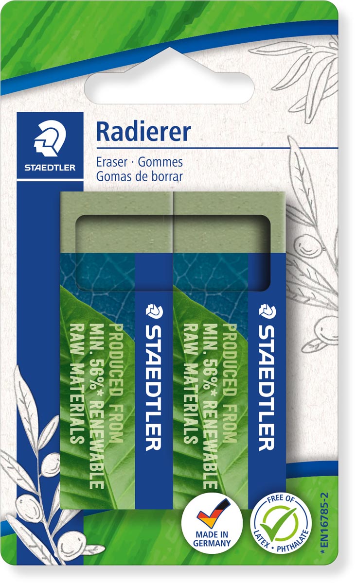 Staedtler gum Eco, olijfgroen, ft 65 x 23 x 13 mm, blister van 2 stuks afbeelding
