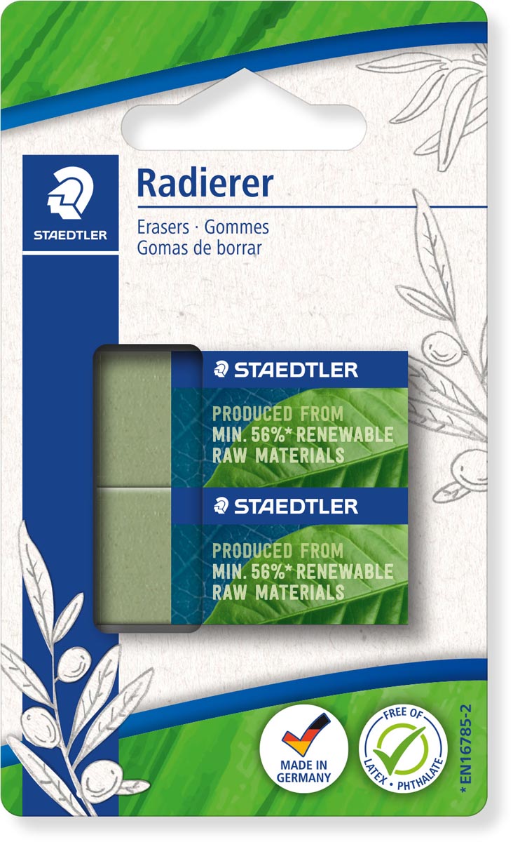 Staedtler gum Eco, olijfgroen, ft 43 x 19 x 13 mm, blister van 2 stuks afbeelding