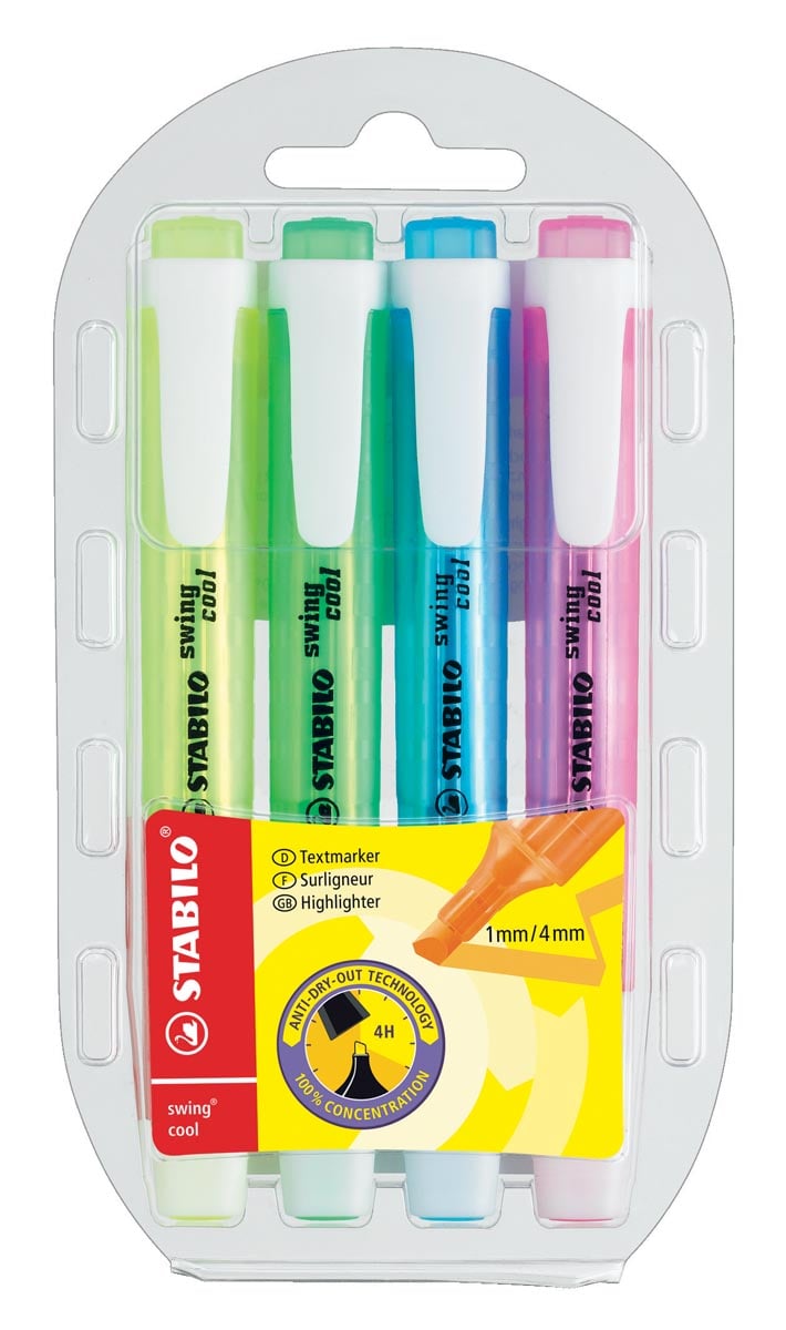 STABILO swing cool markeerstift, blister van 4 stuks in geassorteerde kleuren afbeelding