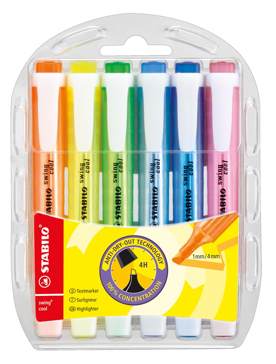 Stabilo markeerstift Swing Cool blister van 6 stuks in geassorteerde kleuren