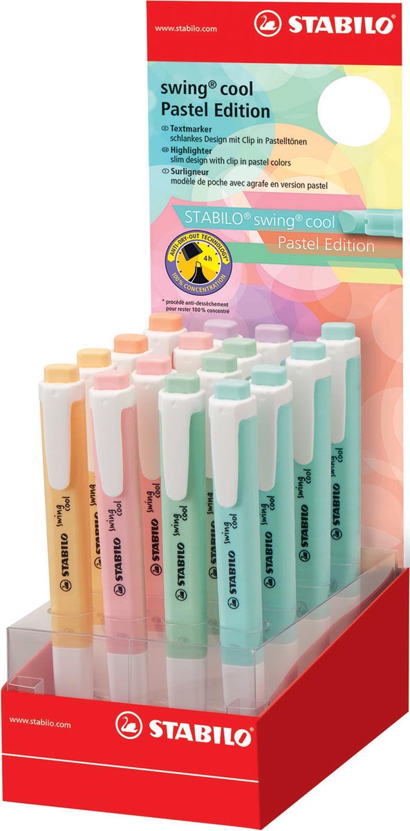 STABILO swing cool pastel markeerstift, display van 16 stuks in geassorteerde kleuren STABILO swing cool pastel markeerstift, display van 16 stuks in geassorteerde kleuren
