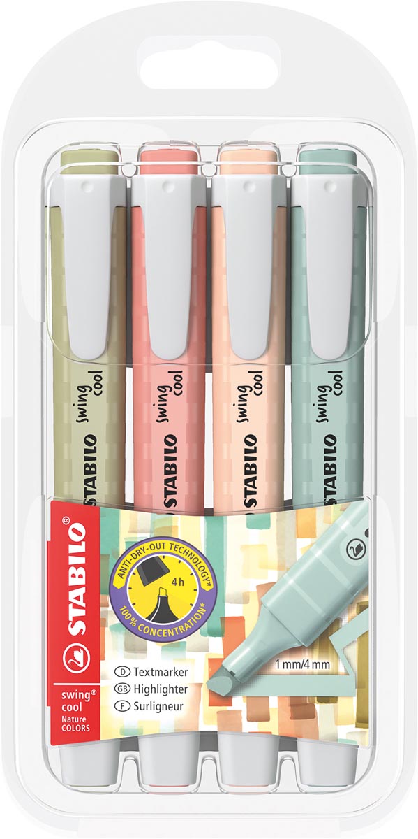 STABILO SWING COOL naturecolor markeerstift, geassorteerde kleuren, blister van 4 stuks afbeelding