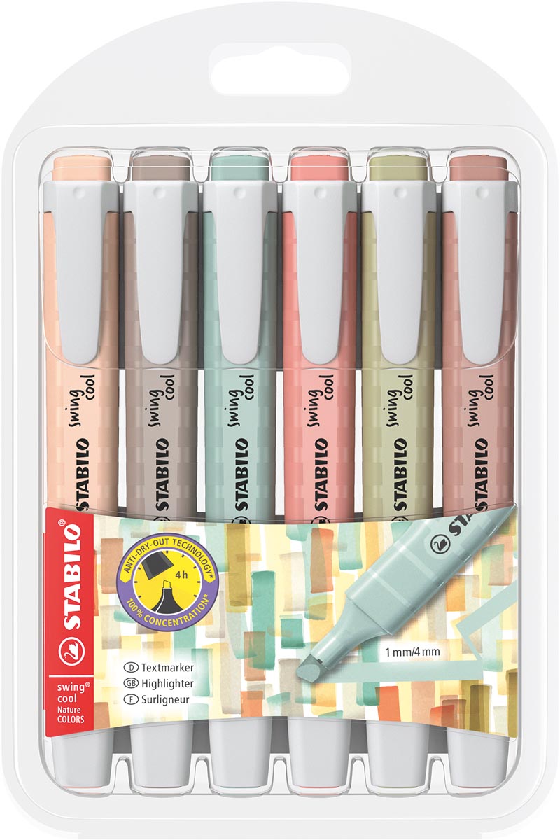 STABILO SWING COOL naturecolor markeerstift, geassorteerde kleuren, blister van 6 stuks 5 stuks