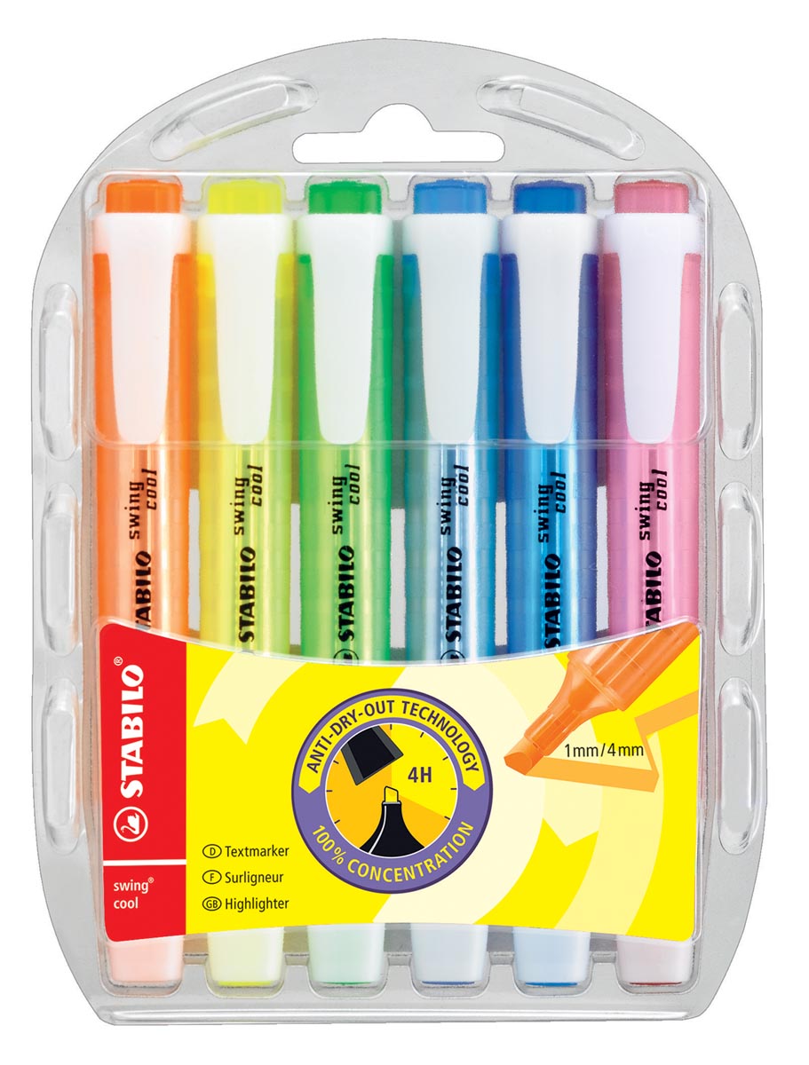 STABILO swing cool markeerstift, plastic etui van 6 stuks in geassorteerde kleuren