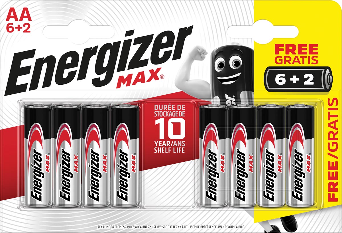 Energizer batterijen Max AA, blister van 6 stuks + 2 stuks gratis