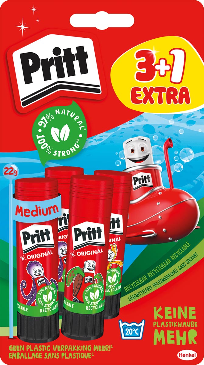 Pritt Original plakstift, 22 g, 3 + 1 gratis, op blister