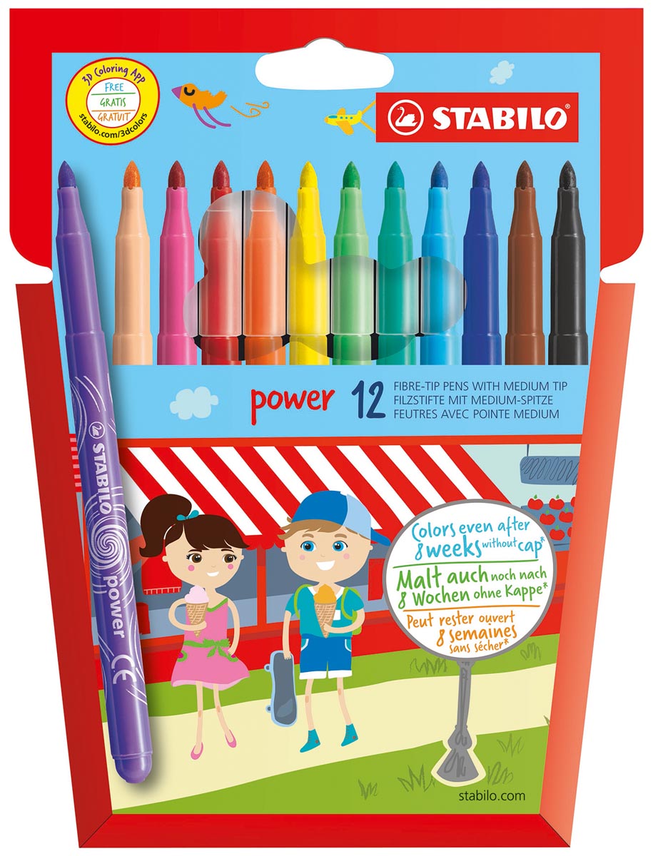 STABILO power viltstift, etui van 12 stuks in geassorteerde kleuren afbeelding