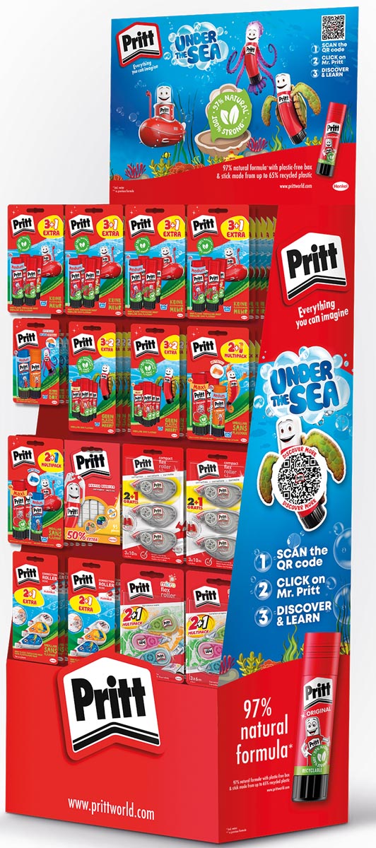 Pritt plakstiften, correctierollers en kneedlijm Poster Buddies, display van 160 stuks