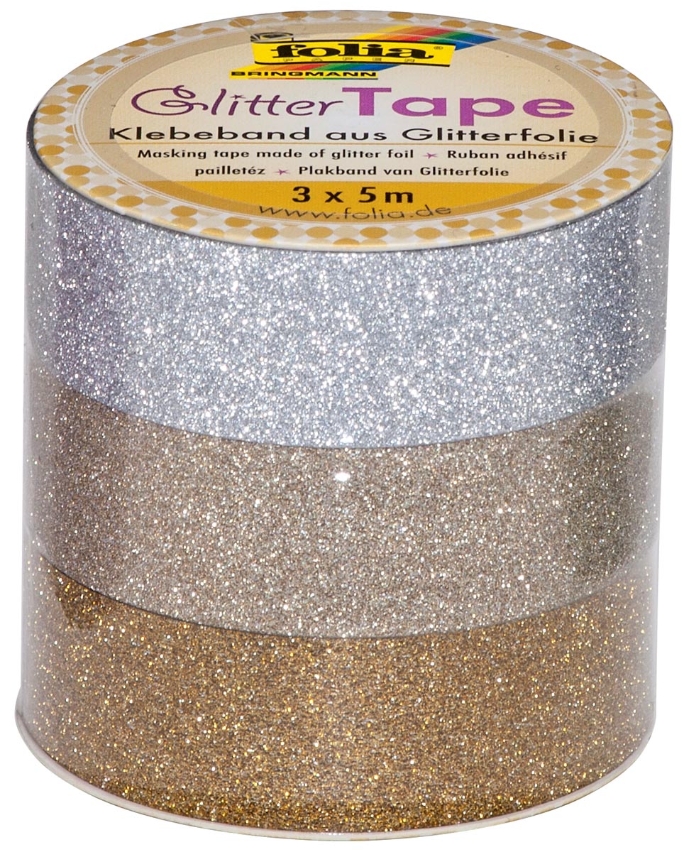 Folia glittertape zilver en goud rolletje met 3 stuks afbeelding