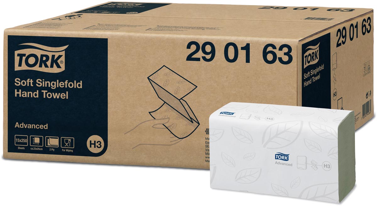 Tork papieren handdoeken Advanced, 2-laags, 250 vellen, systeem H3, wit, pak van 15 stuks Tork papieren handdoeken Advanced, 2-laags, 250 vellen, systeem H3, wit, pak van 15 stuks