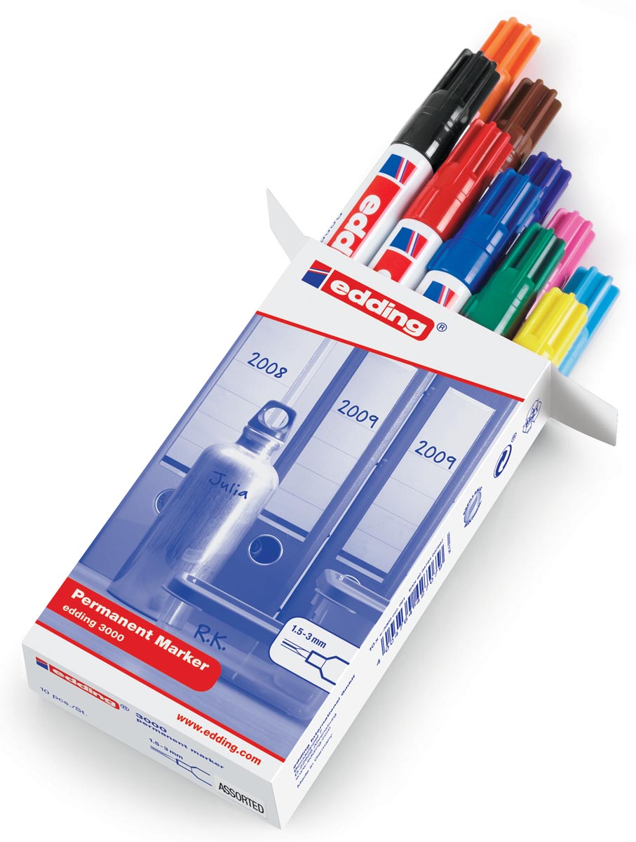 Edding permanent marker 3000, doos van 10 stuks in geassorteerde kleuren afbeelding
