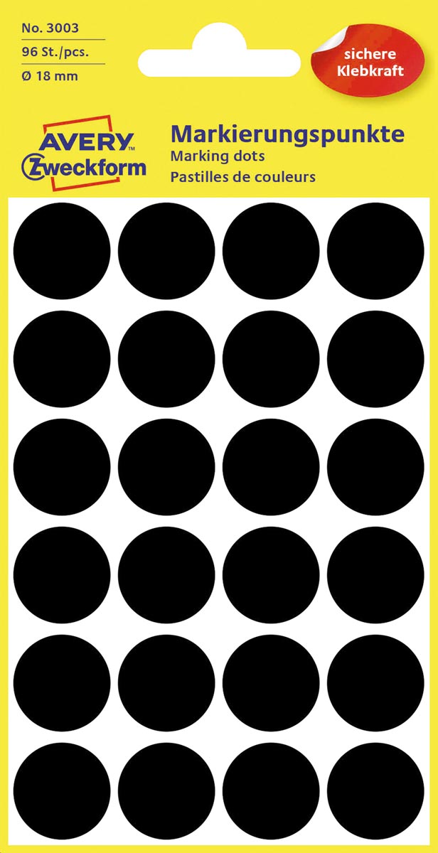 Avery Ronde etiketten diameter 18 mm, zwart, 96 stuks afbeelding