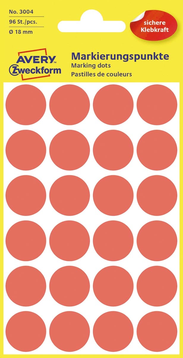Avery Ronde etiketten diameter 18 mm, rood, 96 stuks afbeelding