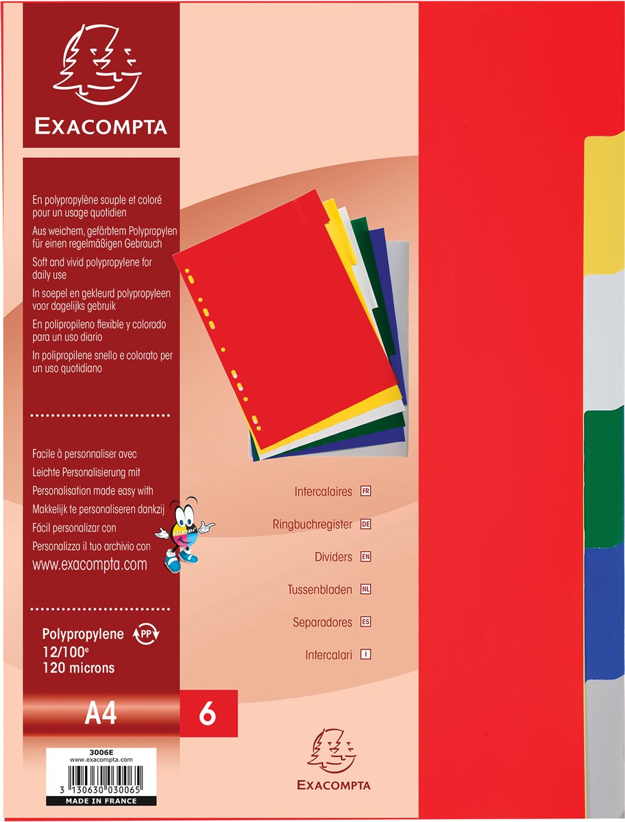 Exacompta tabbladen voor ft A4, uit PP 12/100e, 6 tabs, geassorteerde kleuren afbeelding
