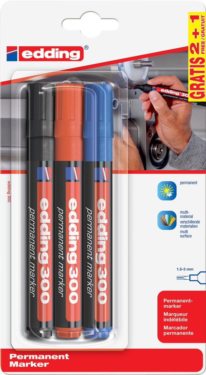 Edding permanent marker 300 etui van 3 stuks (2 + 1 gratis) in geassorteerde kleuren Edding permanent marker 300 etui van 3 stuks (2 + 1 gratis) in geassorteerde kleuren