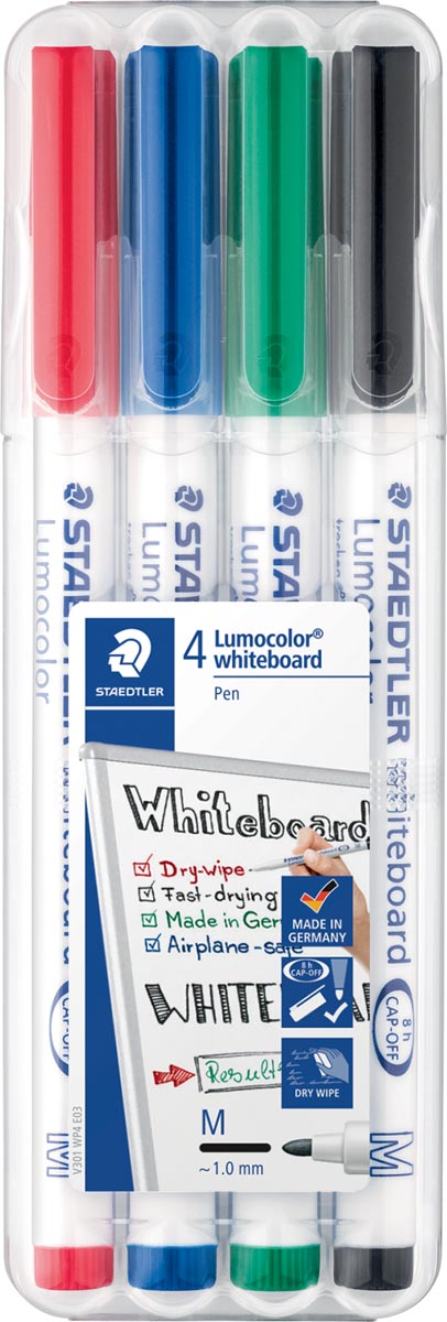 Staedtler whiteboard pen Lumocolor Pen, opstelbare box met 4 stuks in geassorteerde kleuren afbeelding