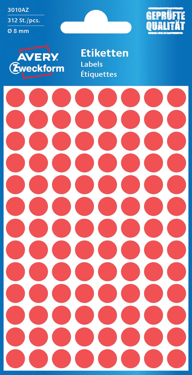 Avery Ronde etiketten diameter 8 mm, rood, 416 stuks Avery Ronde etiketten diameter 8 mm, rood, 416 stuks