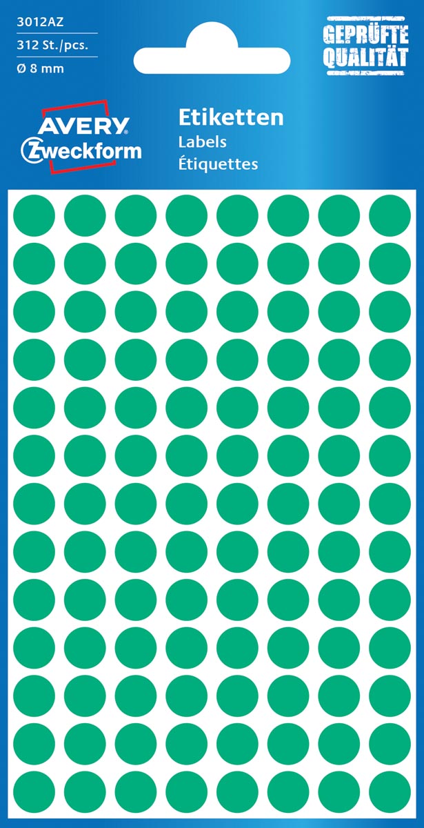 Avery Ronde etiketten diameter 8 mm, groen, 416 stuks Avery Ronde etiketten diameter 8 mm, groen, 416 stuks