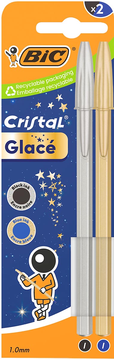 Bic balpen Cristal Glac&eacute;, blister met 2 stuks (goud en zilver)