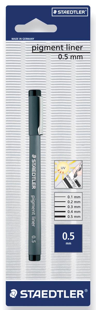 Staedtler pigment liner fineliner, ronde punt, schrijfbreedte 0,5 mm, op blister, zwart afbeelding