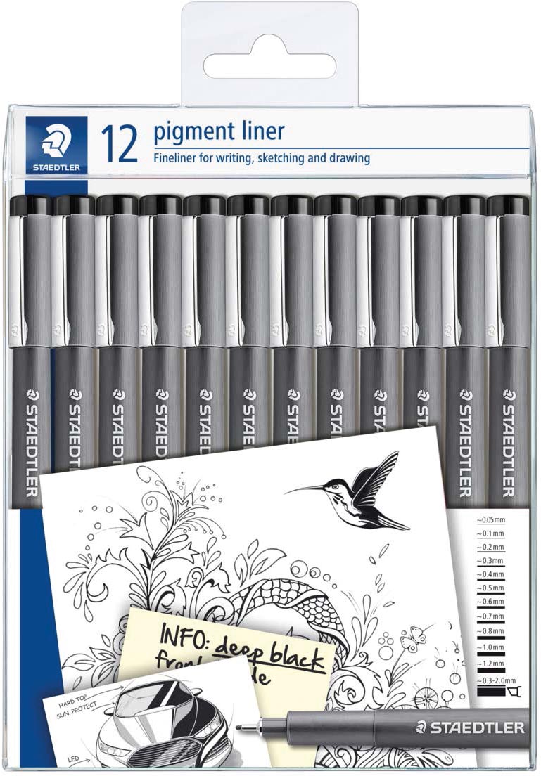 Staedtler pigment liner fineliner, verschillende schrijfbreedtes, set van 12 stuks, zwart afbeelding