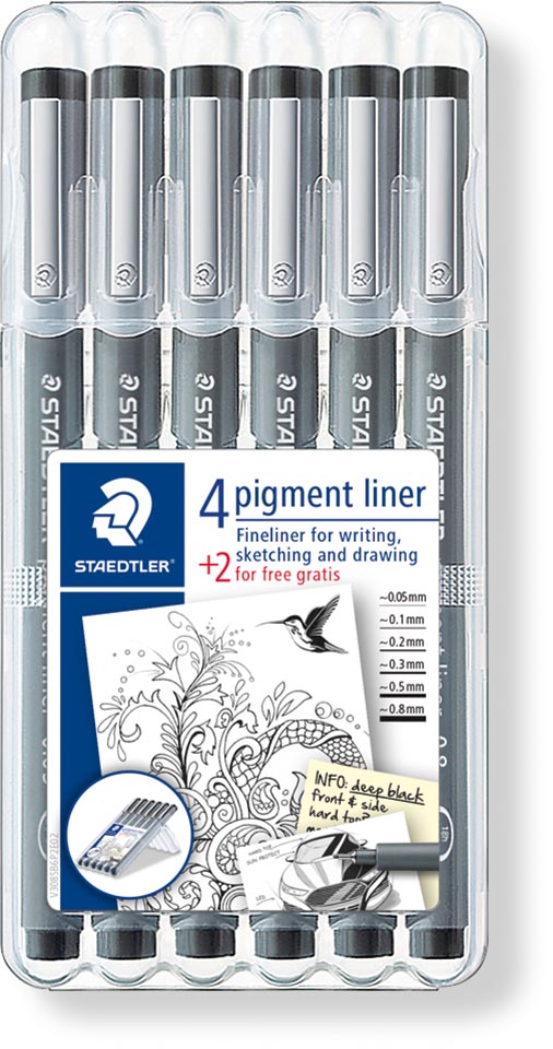 Staedtler fineliner Pigment Liner etui van 4 + 2