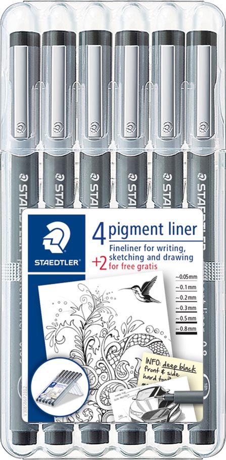 Staedtler pigment liner fineliner, ronde punt, verschillende schrijfbreedtes, etui van 4 + 2, zwart afbeelding