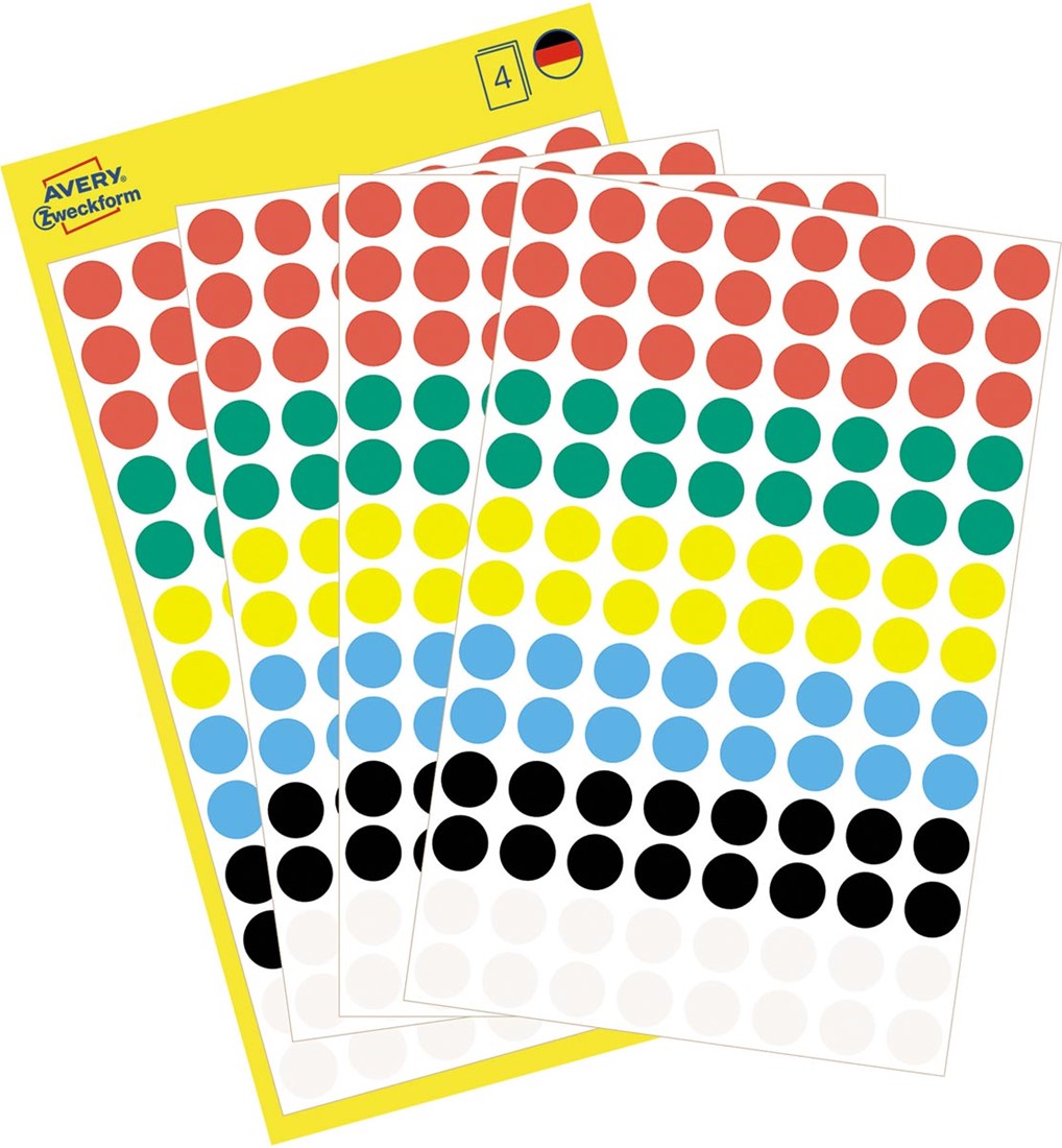 Avery étiquettes ronds diamètre 8 mm, couleurs assorties, 416 pièces