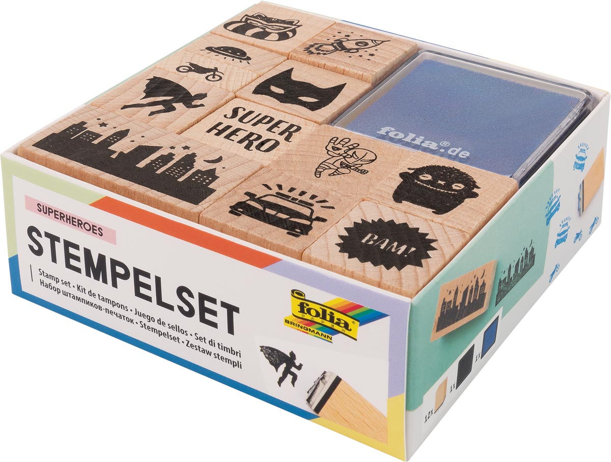 Folia stempelkit (12 stempels + 2 stempelkussens) superhelden, hout afbeelding